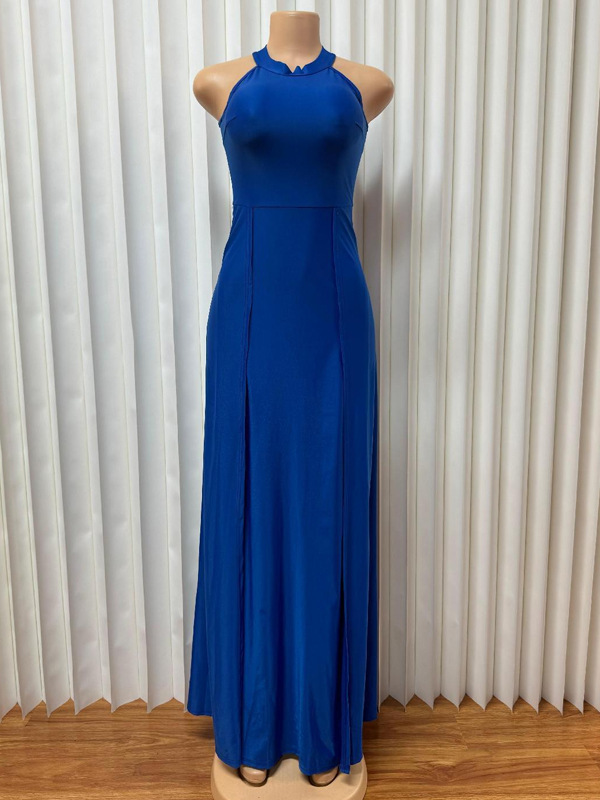 Solid Color Round Neck Sleeveless Slim Waist Slit Dress Long Gown