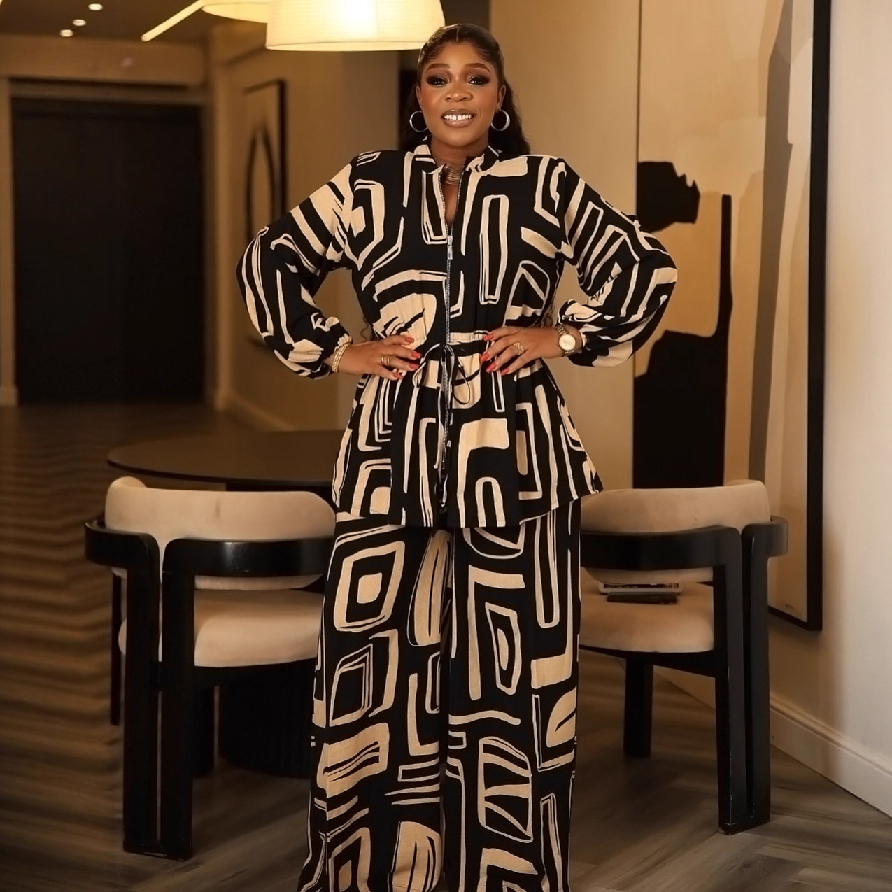 Elegant Stand Collar Print Drawstring Slim Waist Long Sleeve Two-Piece Pants Set