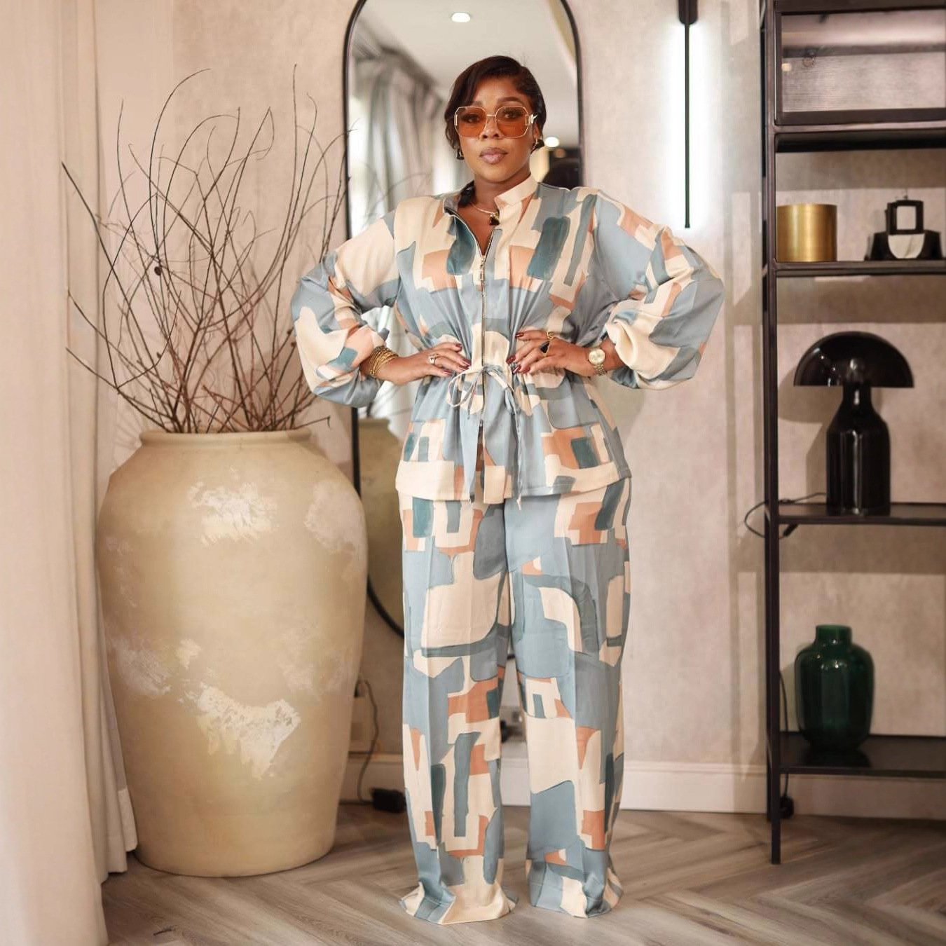 Elegant Stand Collar Print Drawstring Slim Waist Long Sleeve Two-Piece Pants Set