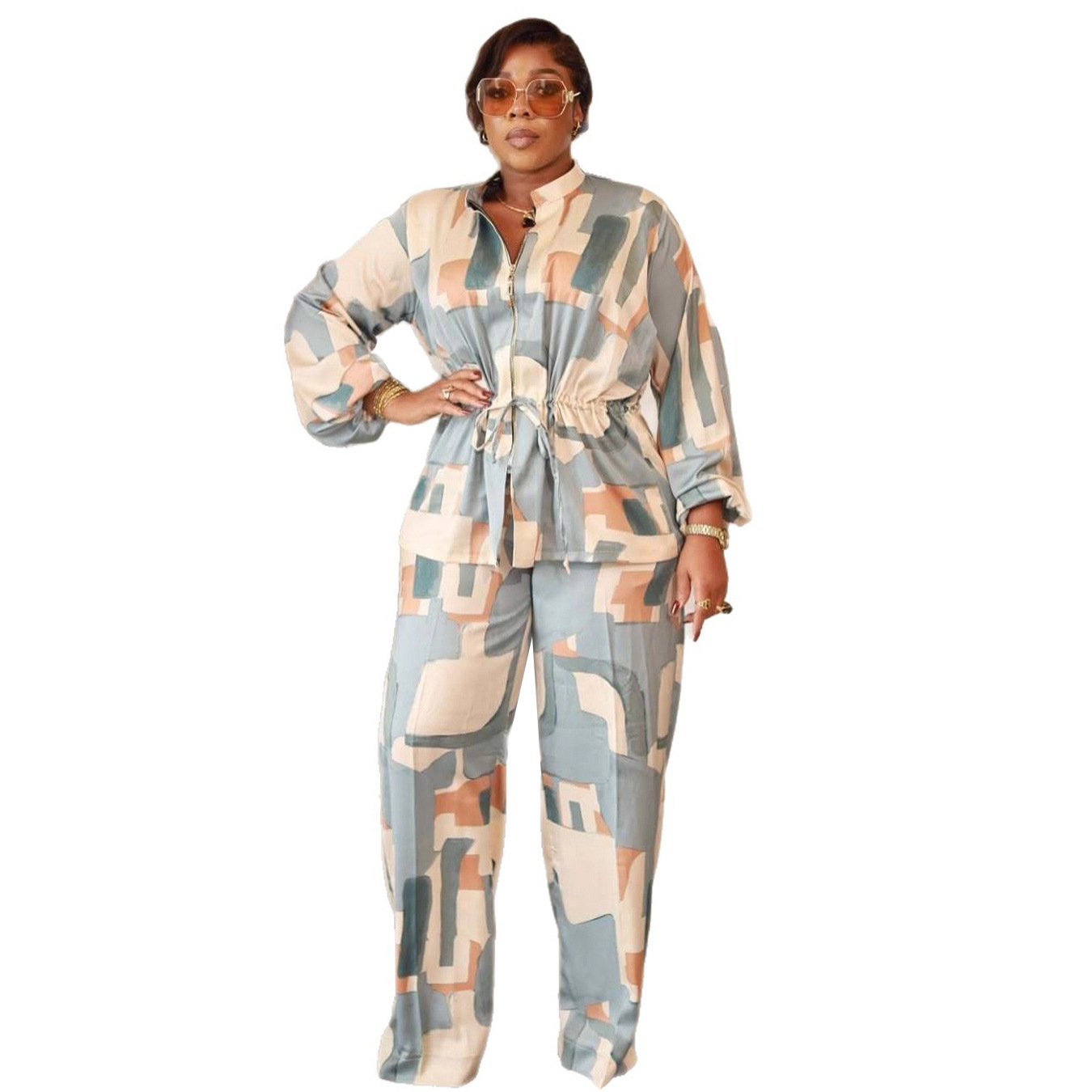 Elegant Stand Collar Print Drawstring Slim Waist Long Sleeve Two-Piece Pants Set