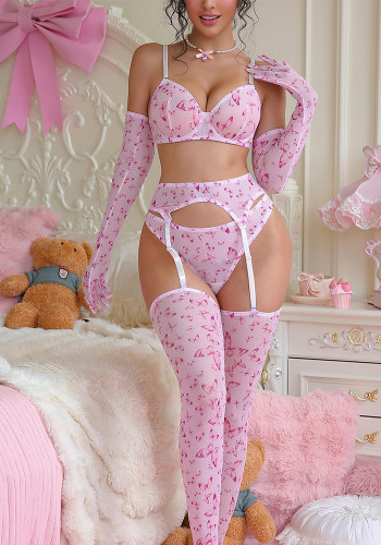 Sheer Erotic Pink Bikini Lingerie Set with Gloves & Stockings