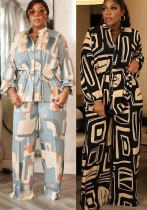 Elegant Stand Collar Print Drawstring Slim Waist Long Sleeve Two-Piece Pants Set Elegant Stand Collar Print Drawstring Slim Waist Long Sleeve Two-Piece Pants Set