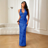 V-Neck Print Halter Neck Low Back Autumn Sexy Slim Fit Long Dress