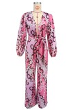 Printed Deep V Long Sleeve Women's Casual Loose Jumpsuit