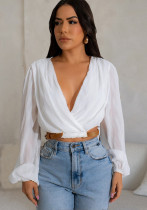 Autumn Thin Top Belt Adjustable Waist Lantern Sleeve Blouse Autumn Thin Top Belt Adjustable Waist Lantern Sleeve Blouse