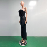 Bell Bottom Feather Strapless Sexy Fashion Jumpsuit
