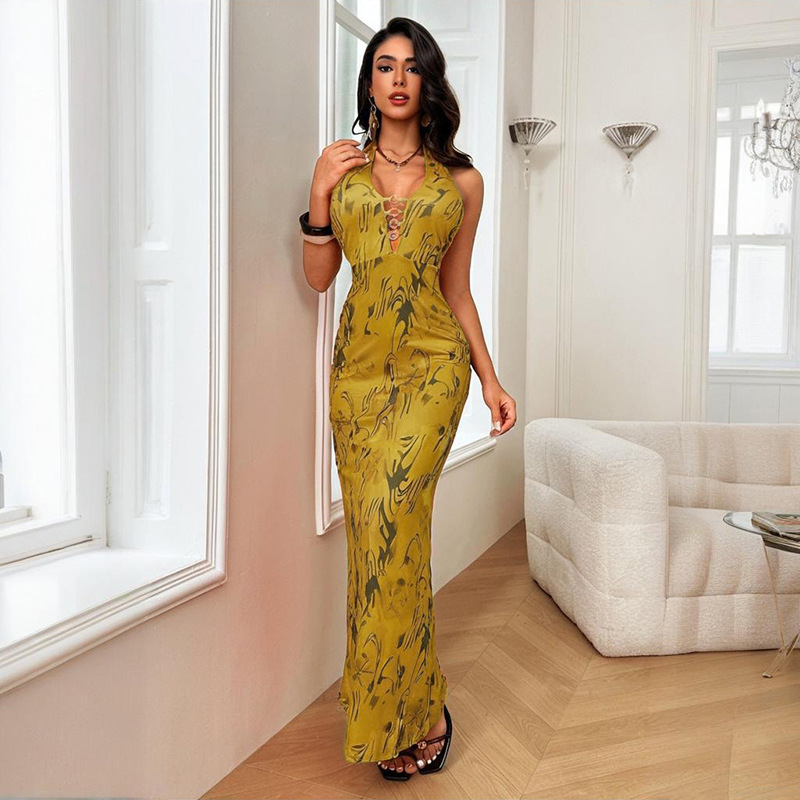 V-Neck Print Halter Neck Low Back Autumn Sexy Slim Fit Long Dress
