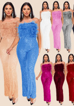 Bell Bottom Feather Strapless Sexy Fashion Jumpsuit