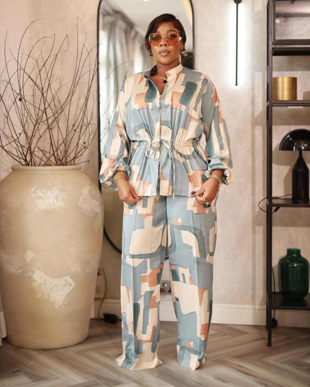 Elegant Stand Collar Print Drawstring Slim Waist Long Sleeve Two-Piece Pants Set