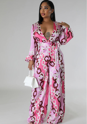 Printed Deep V Long Sleeve Women's Casual Loose Jumpsuit