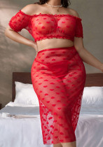 Red Mesh Sheer Three-Piece Erotic Lingerie Set