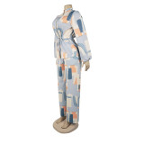 Elegant Stand Collar Print Drawstring Slim Waist Long Sleeve Two-Piece Pants Set