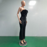 Bell Bottom Feather Strapless Sexy Fashion Jumpsuit