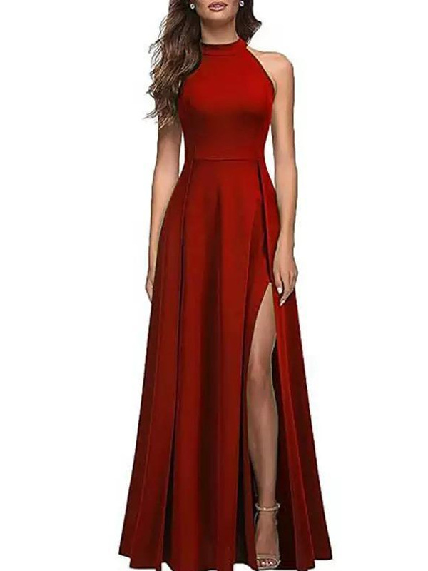 Solid Color Round Neck Sleeveless Slim Waist Slit Dress Long Gown