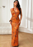 V-Neck Print Halter Neck Low Back Autumn Sexy Slim Fit Long Dress