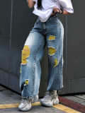 Women's Ripped Loose Color-block Denim Pants