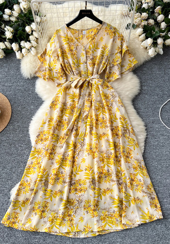 V-Neck Bell Sleeve Tie Waist A-Line Floral Dress