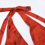 V-Neck Print Halter Neck Low Back Autumn Sexy Slim Fit Long Dress