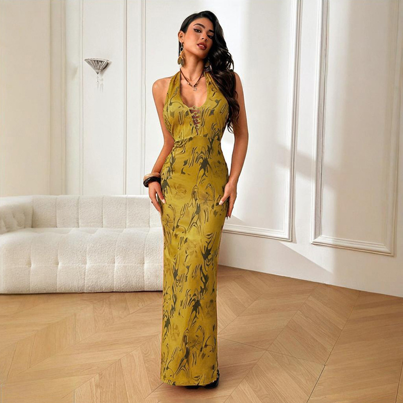 V-Neck Print Halter Neck Low Back Autumn Sexy Slim Fit Long Dress