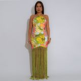 Women Halter Neck Printed Backless Sleeveless Tassel Dress