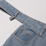 Women Street Denim Washed Cargo Wide-Leg Pants