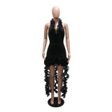 Halter Neck Deep V Solid Color Ruffle Dress