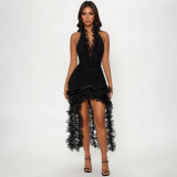 Halter Neck Deep V Solid Color Ruffle Dress