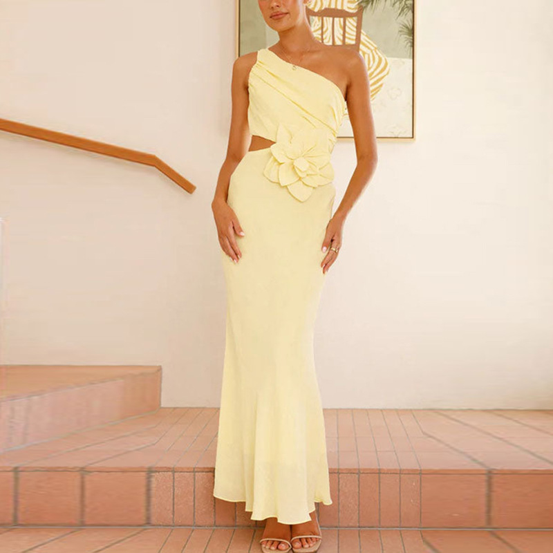 Women French Autumn Slash Shoulder Open-Waist Floral Bodycon Dress