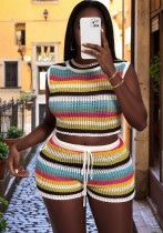 Women Style Contrast Striped Cutout Vest and Bodycon Shorts Knitting Beach Holidays Two-Piece Set