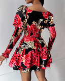 Women floral print V-neck puff sleeve dress