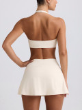 Women Padded Stretch Fitness Halter Neck Top and Skirt Two-Piece Yoga Set