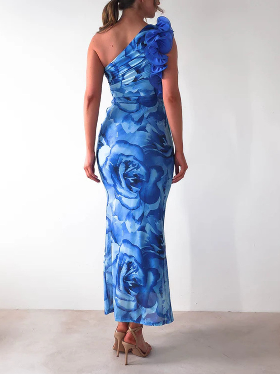 Women Beach Holiday Floral Slash Shoulder Print Dress