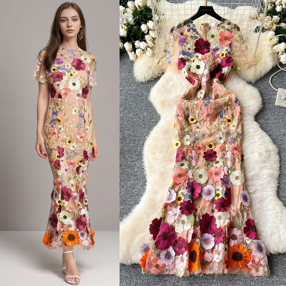 Women Evening Party Dress with Floral Embroidery and Fishtail Maxi Dress