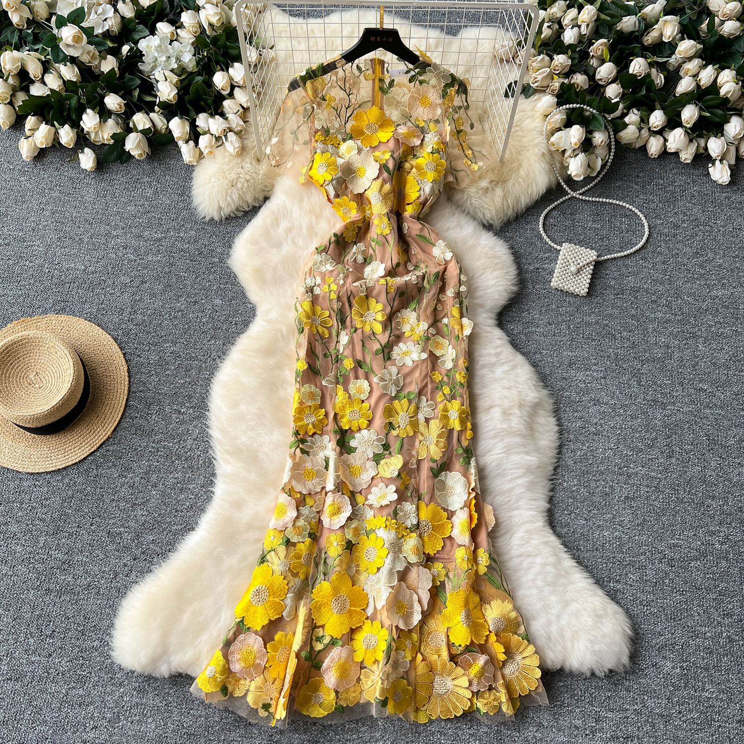 Women Evening Party Dress with Floral Embroidery and Fishtail Maxi Dress