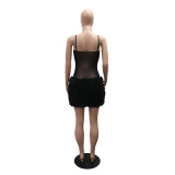 Sheer Patchwork Fuzzy Trim Bodycon Mini Dress