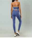 Women Fitness Colorblock Halter Neck Quick-Dry Padded Yoga Jumpsuit