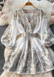 Women Spring French Vintage Print Single-Breasted V-Neck Lantern Sleeve Maxi Dress