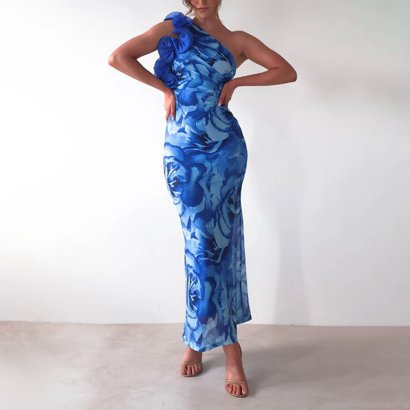 Women Beach Holiday Floral Slash Shoulder Print Dress