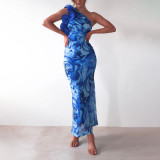 Women Beach Holiday Floral Slash Shoulder Print Dress
