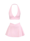 Women Padded Stretch Fitness Halter Neck Top and Skirt Two-Piece Yoga Set