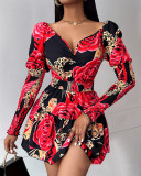 Women floral print V-neck puff sleeve dress