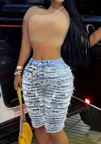 Women Spring/Summer Ripped Raw-Edge Denim Shorts