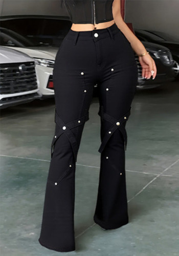 Women American rivet stretch Bell Bottom denim pants