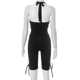 Women spring/summer Halter Neck drawstring strapless backless top and bow pants solid two-piece set