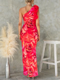 Women Beach Holiday Floral Slash Shoulder Print Dress