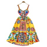 Women Vintage Baroque Strapless Beach Holidays Print Dress