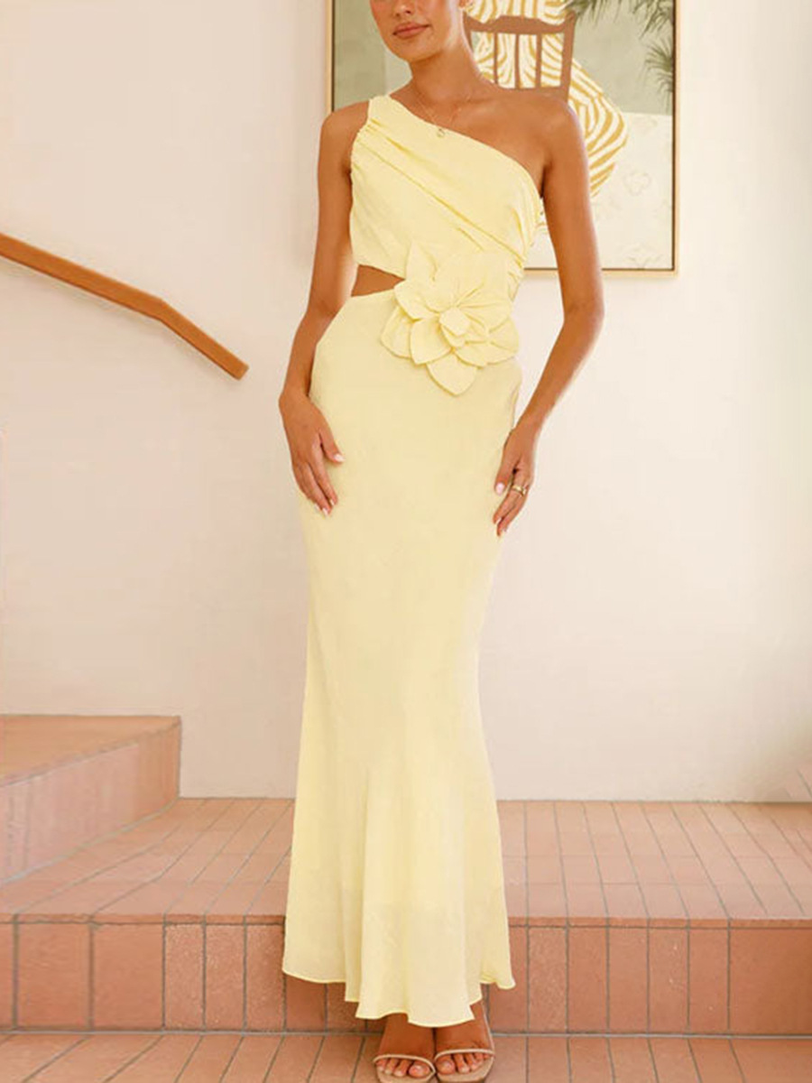 Women French Autumn Slash Shoulder Open-Waist Floral Bodycon Dress