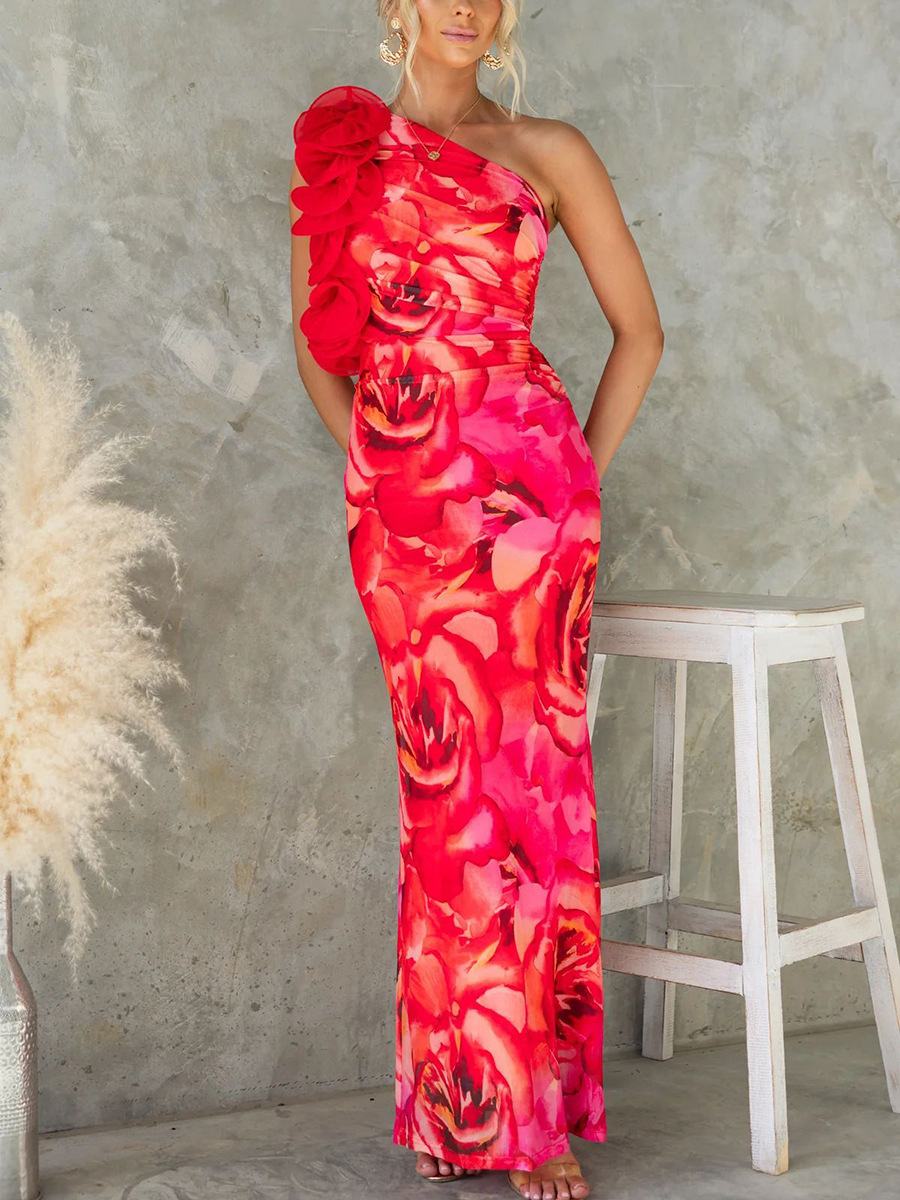 Women Beach Holiday Floral Slash Shoulder Print Dress