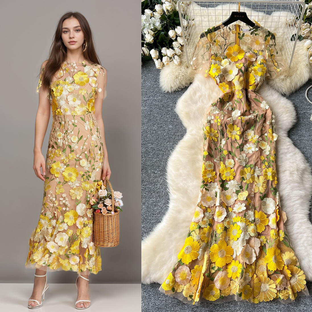 Women Evening Party Dress with Floral Embroidery and Fishtail Maxi Dress