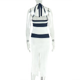 Black White Contrast Halter Dress Patchwork Bodycon Gown